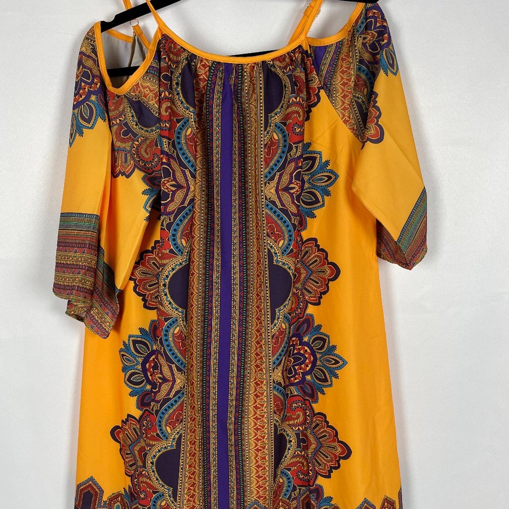 Tribal Print Kimono Sleeve Cold Shoulder Tunic Shift Dress